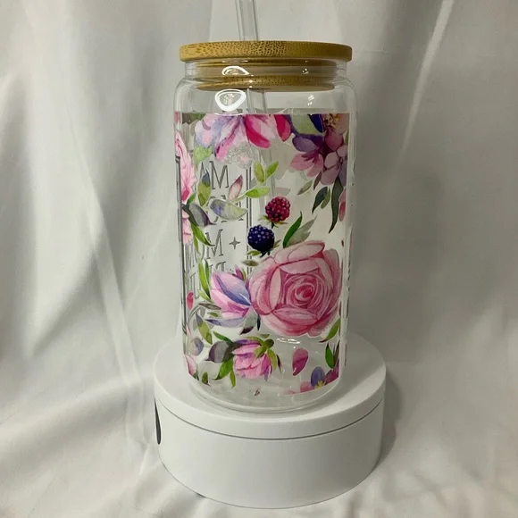 16 Ounce Handmade Clear Glass Can Cup, W/Lid & Straw, Mama Floral - Picture 12 of 13